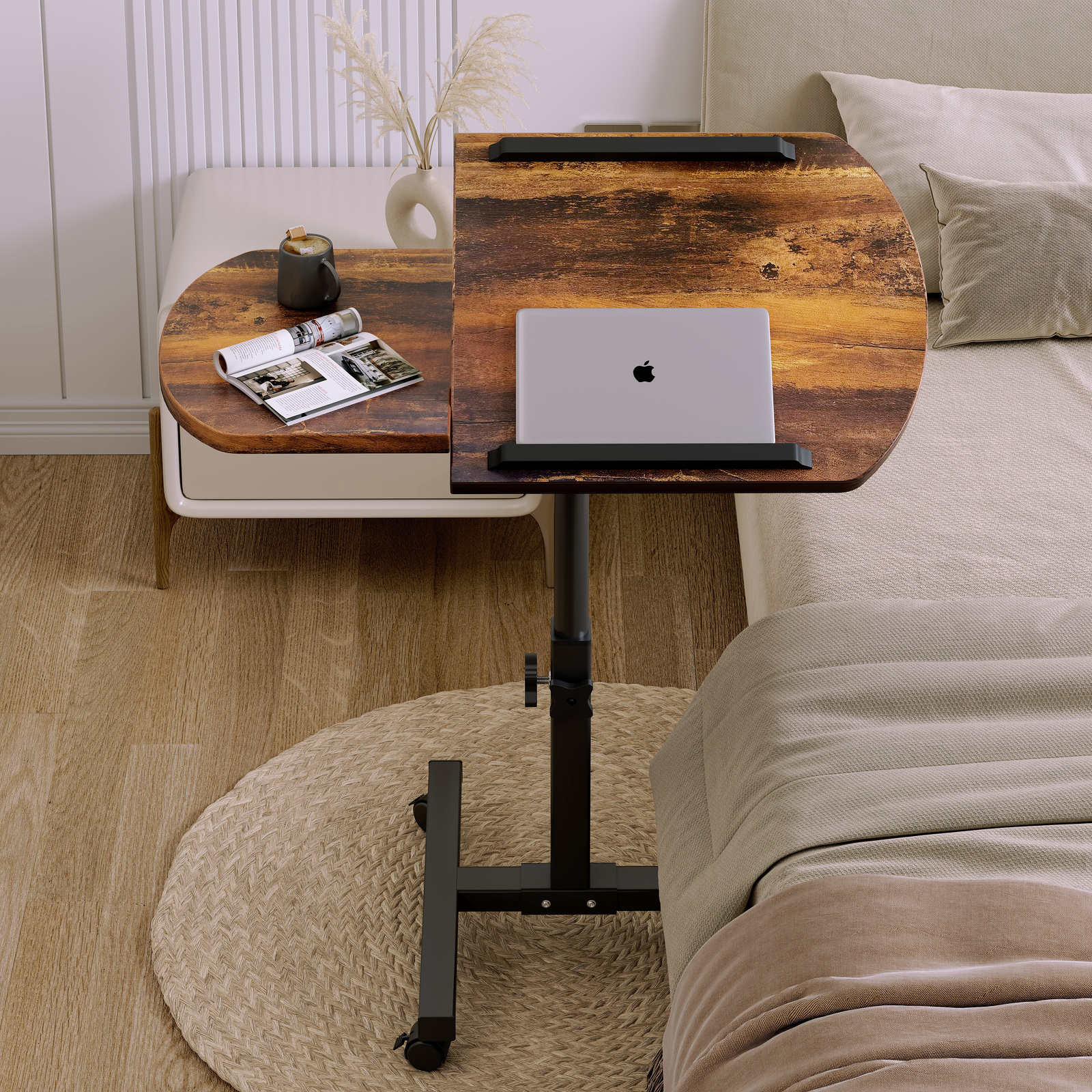 Motif 2-in-1 Adjustable Portable Sofa Bed Side Table Laptop Desk with Wheels (Rustic Wood)