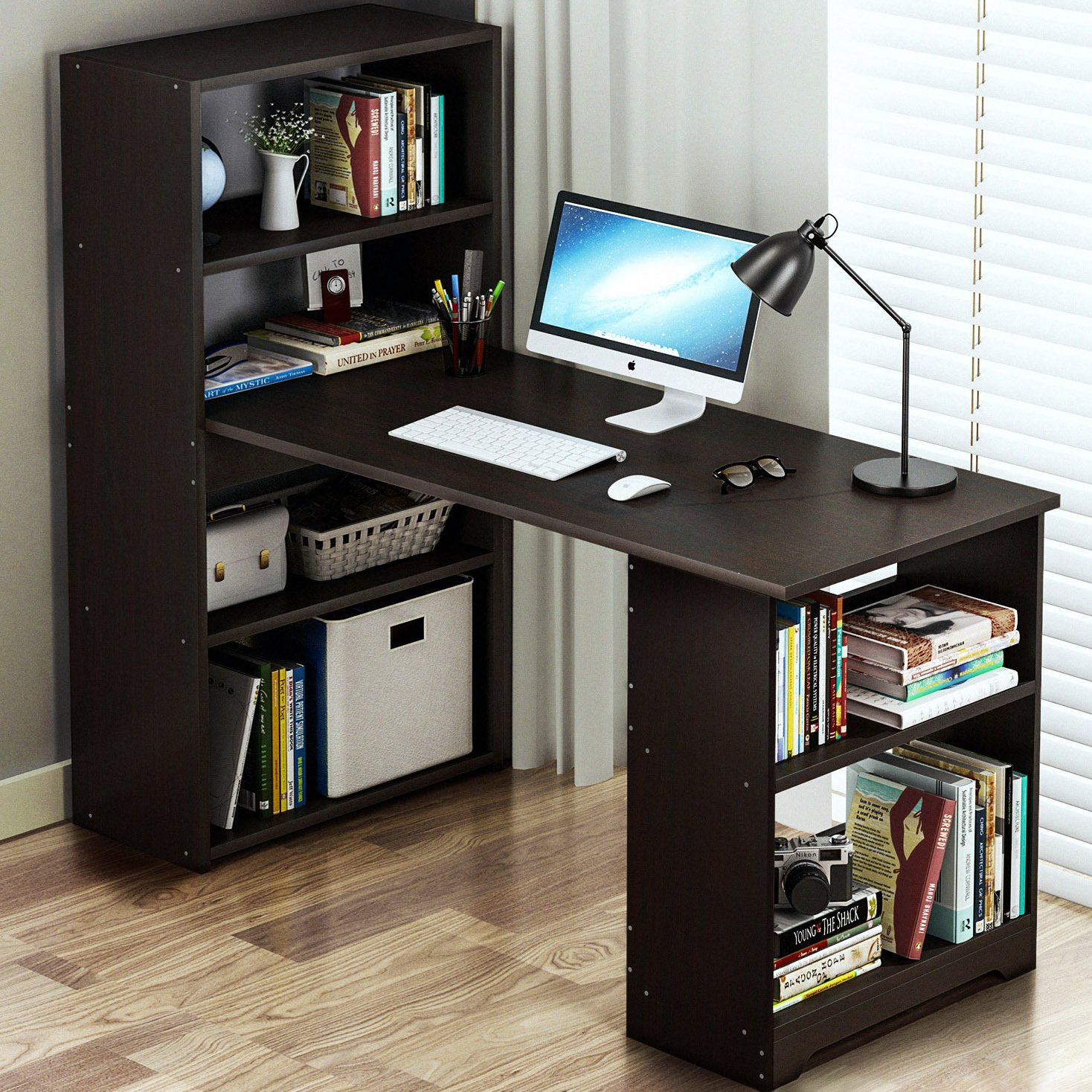 Popamazing Brown Computer Workstation Desk with 4 Tier Storage Shelving for Home Office Study Room Furniture 