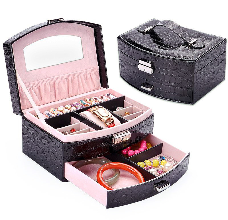 Luxury PU Leather Jewellery Box Storage Case (Midnight Black)