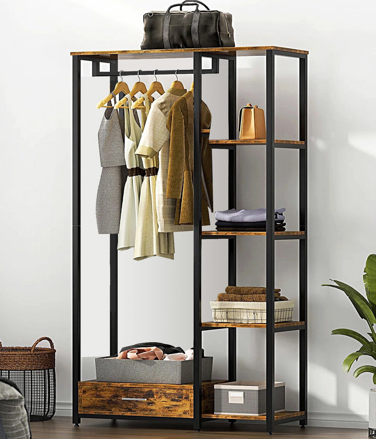 Summit Premium Rustic Tall Wardrobe Cupboard Shelves & Clothes Hanging Rack