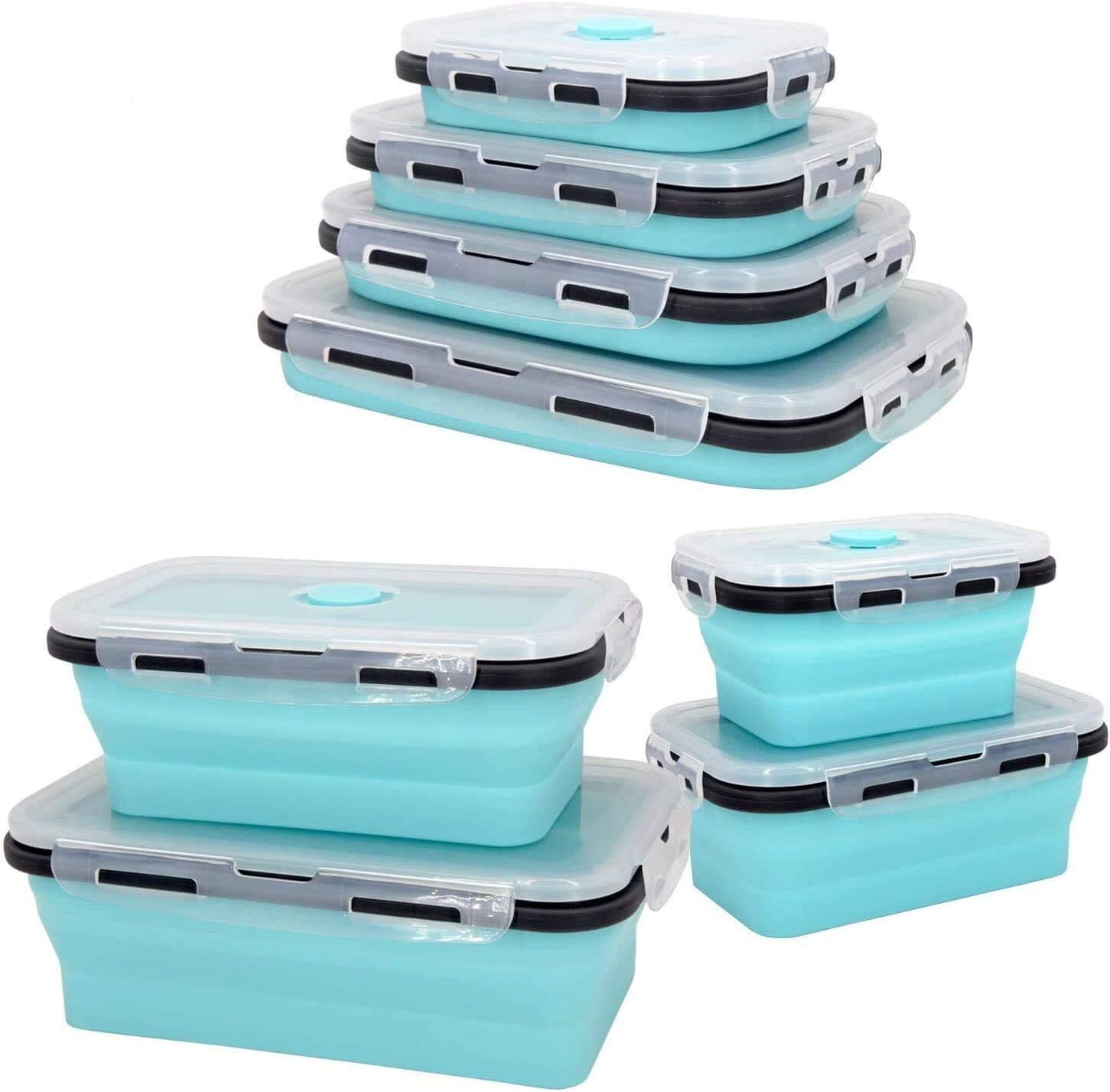 4 X Collapsible Silicone Food Storage Containers Lunchboxes Bowls Meal Box with Airtight Lid (Blue)