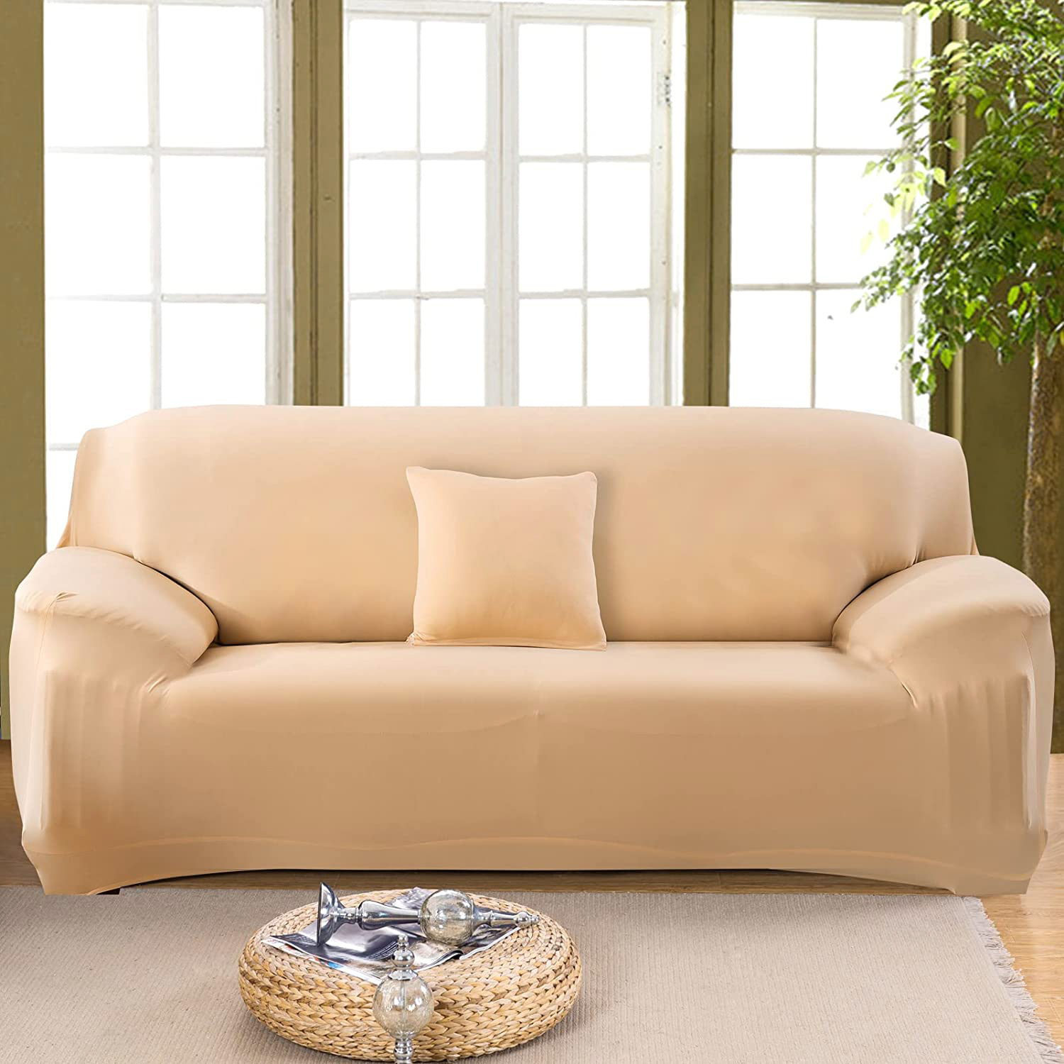 2-Seater Sofa Cover Stretch Set: Lounge Couch & Cushion Protector (Beige)