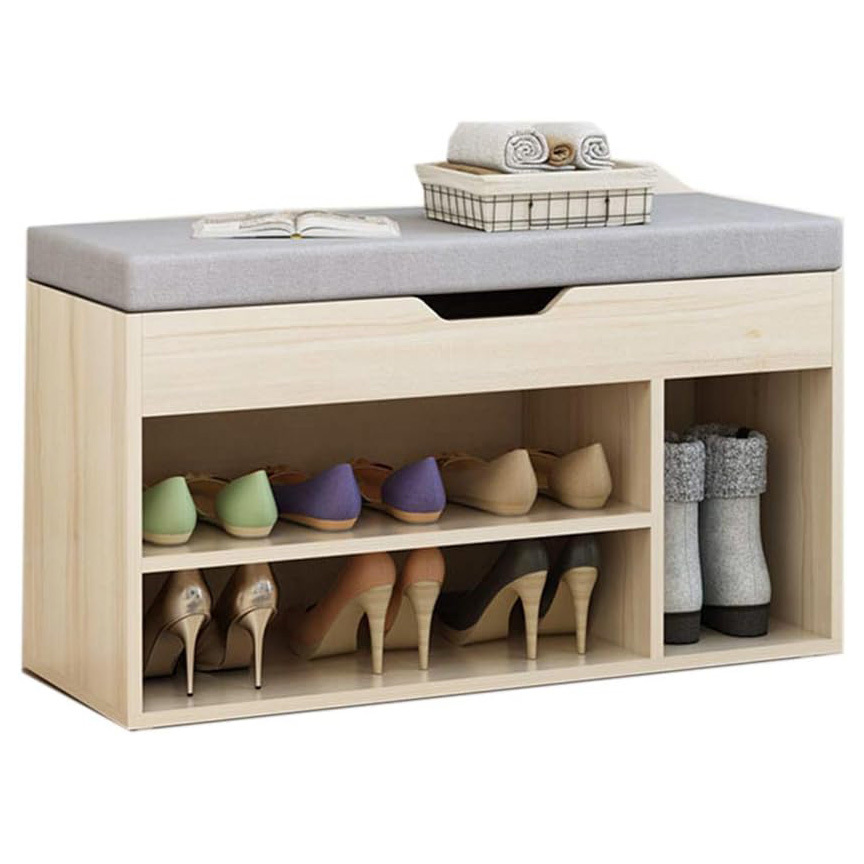Wooden Cushioned Storage Ottoman & Shoe Cabinet (White Oak & Light Grey Cover)