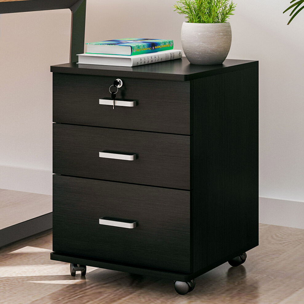 Miami 3 Drawer Bedside Table Cabinet with Wheels (Black)