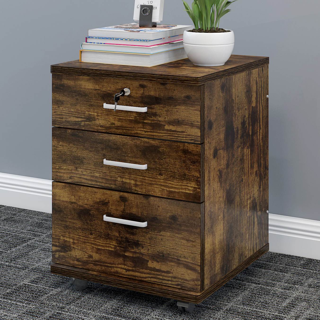 Miami 3 Drawer Bedside Table Cabinet with Wheels (Rustic Wood)