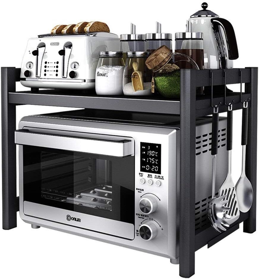 Adjustable Multifunction Steel Microwave Oven Rack Stand Kitchen Shelf Cabinet (Black)