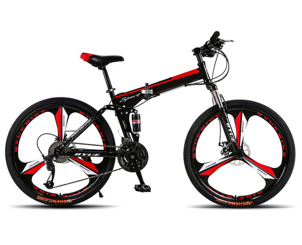 Deluxe Dual Suspension Foldable 21 Speed 3 Spoke Mountain Bike (Red & Black Bicycle)