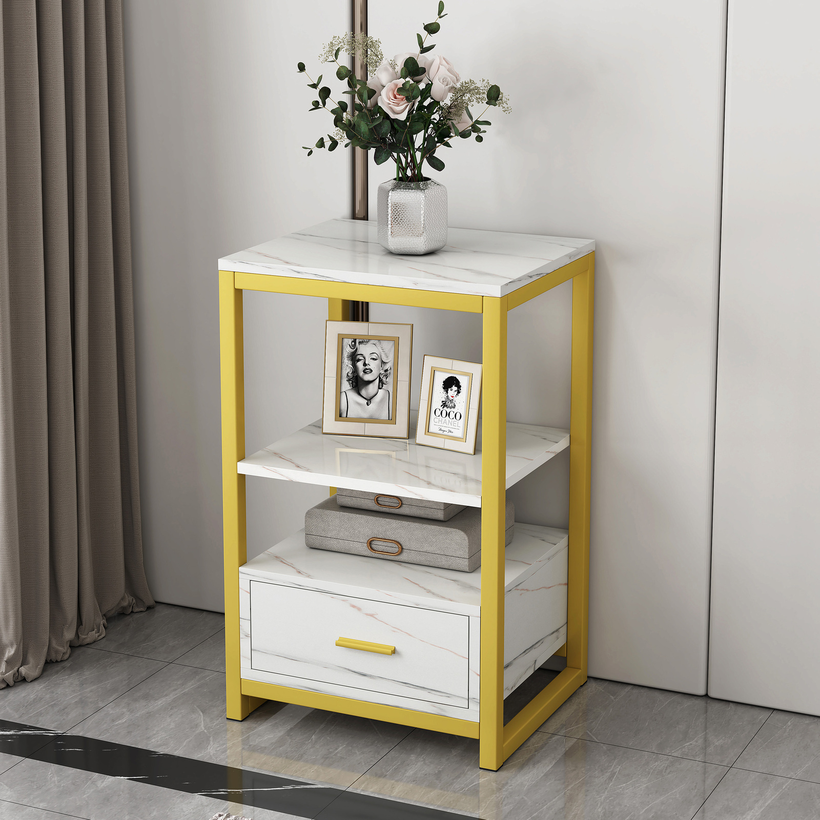 Synergy Luxury Marble Look Side Table Nightstand (White)