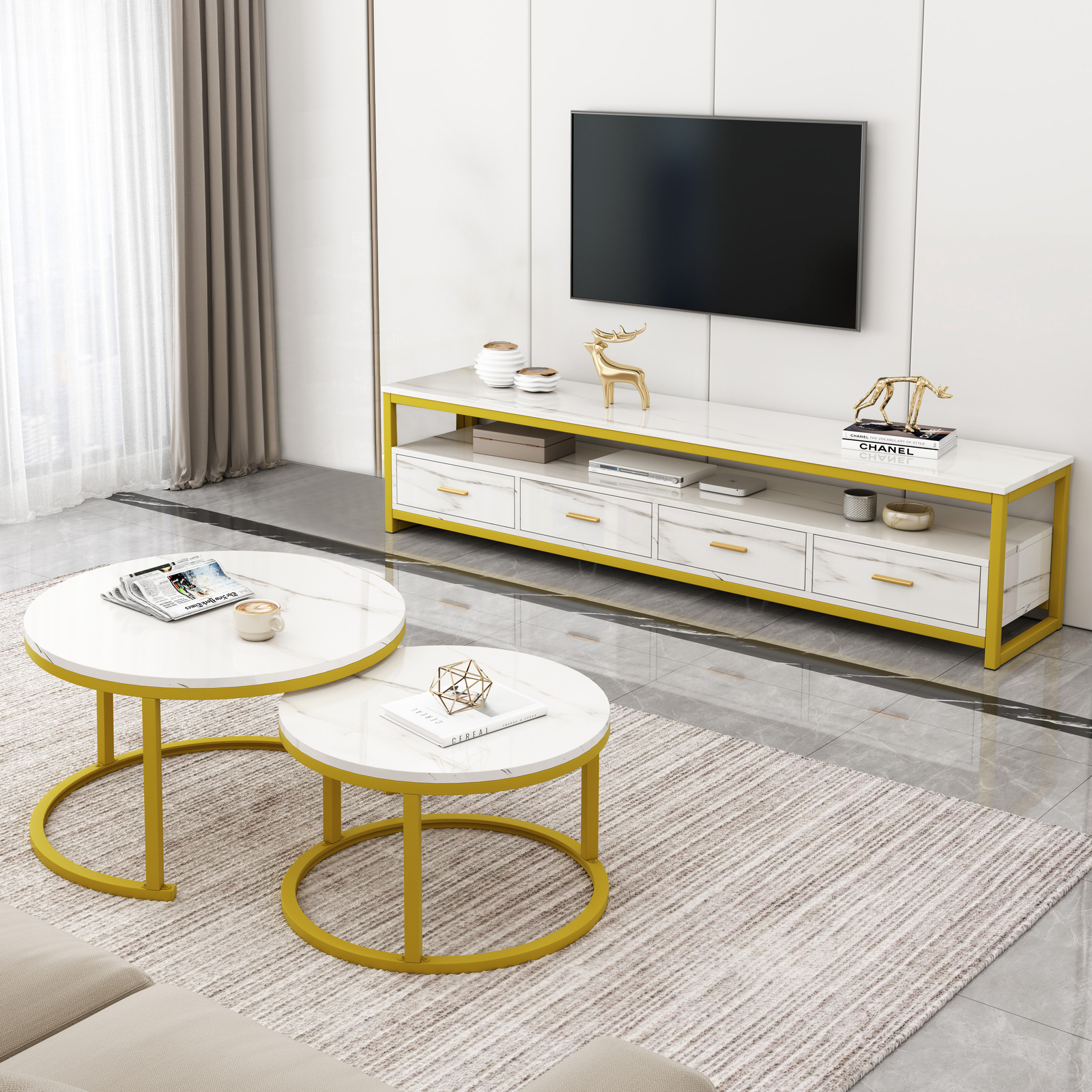 2-Piece Set Synergy Luxury Marble Look Coffee Table & TV Cabinet (White)