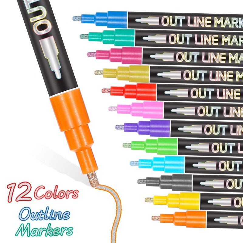 12 Colours Outline Markers Metallic Magic Glitter Art Drawing Pens