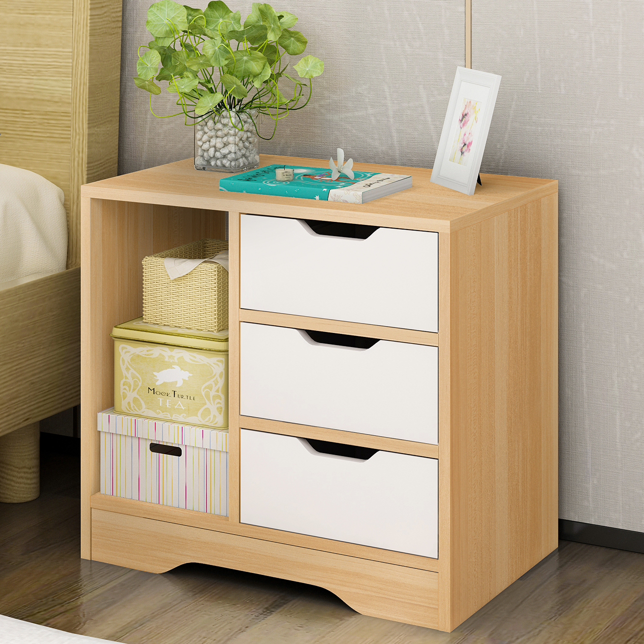 Zest 3 Drawer Cabinet and Shelf Utility Side Table (Oak & White)
