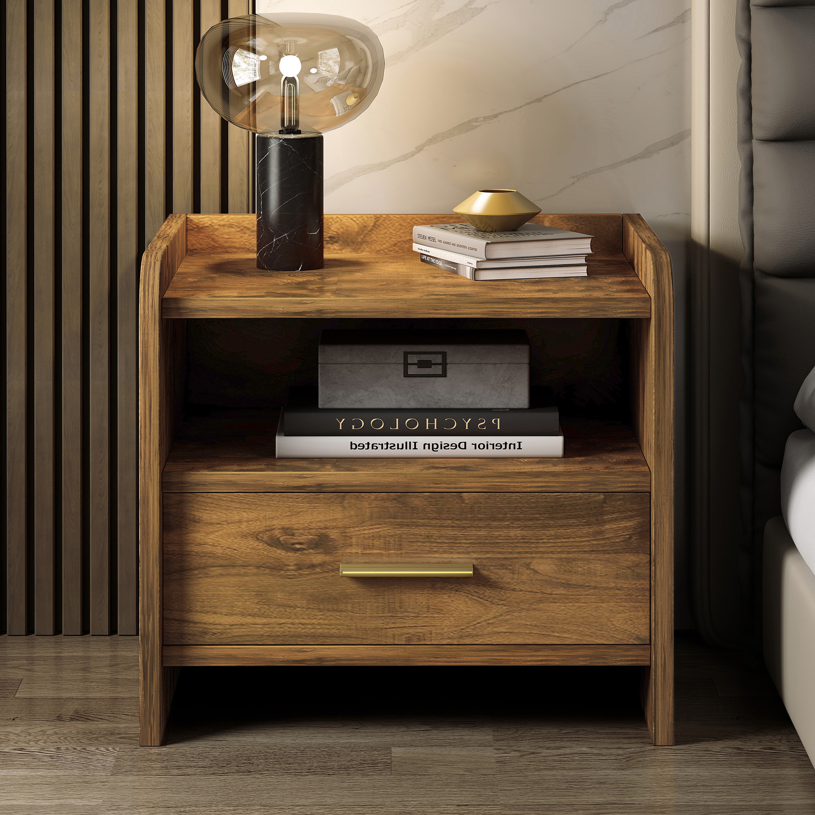 Serene Bedside Table Nightstand with Drawer (Rustic Wood)
