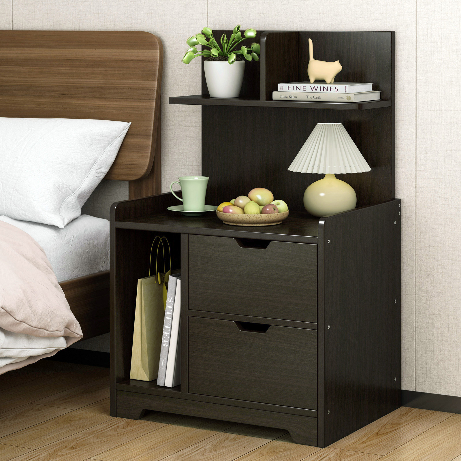 Harmony Tall Bed Side Table with Chest of Drawers and Shelf (Black)