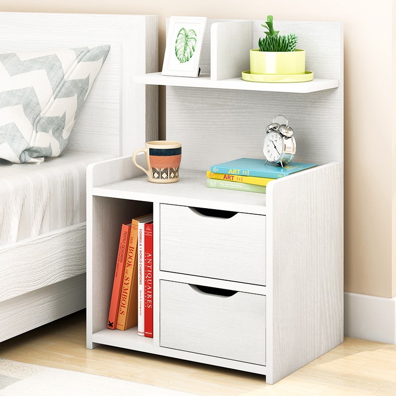 Harmony Tall Bed Side Table with Chest of Drawers and Shelf (White)