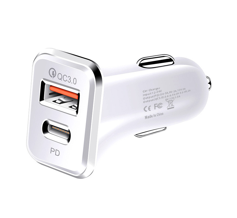36W Fast USB C Charger PD & Quick Charge QC 3.0 Dual Port Car Adapter (White)