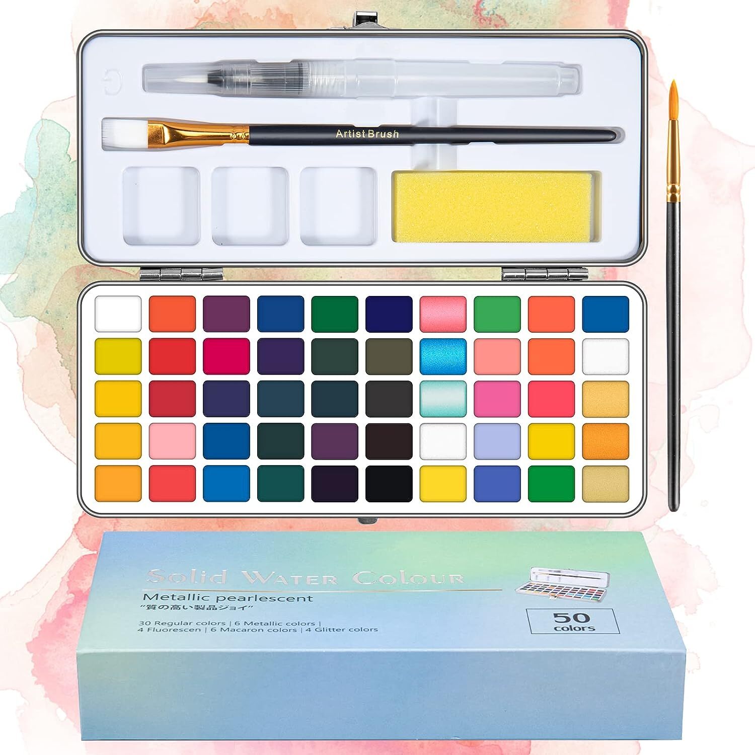 50 Colours Solid Watercolor Paint Palette Brush Set Drawing Portable Art Painting Supplies Kit