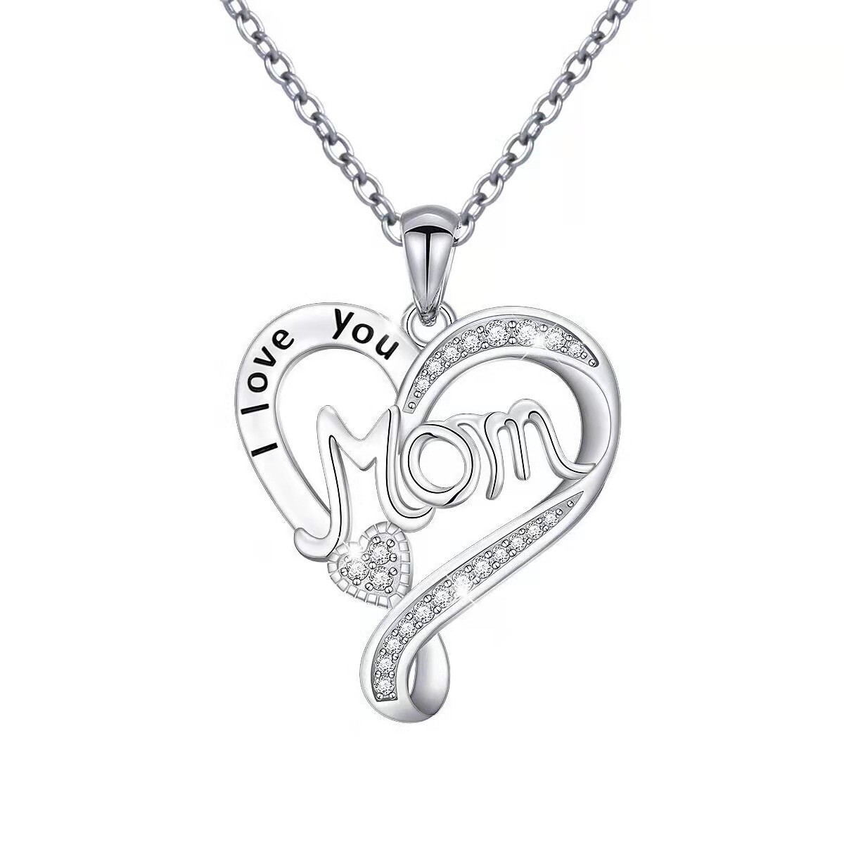 Mom S925 Sterling Silver Heart Shaped Pendant CZ Diamond Necklace