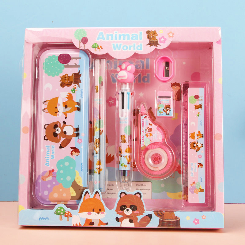 8-Piece Deluxe Stationery Set Gift Box Pens, Pencils, Ruler, Eraser, Pencil Case - Pink Animals