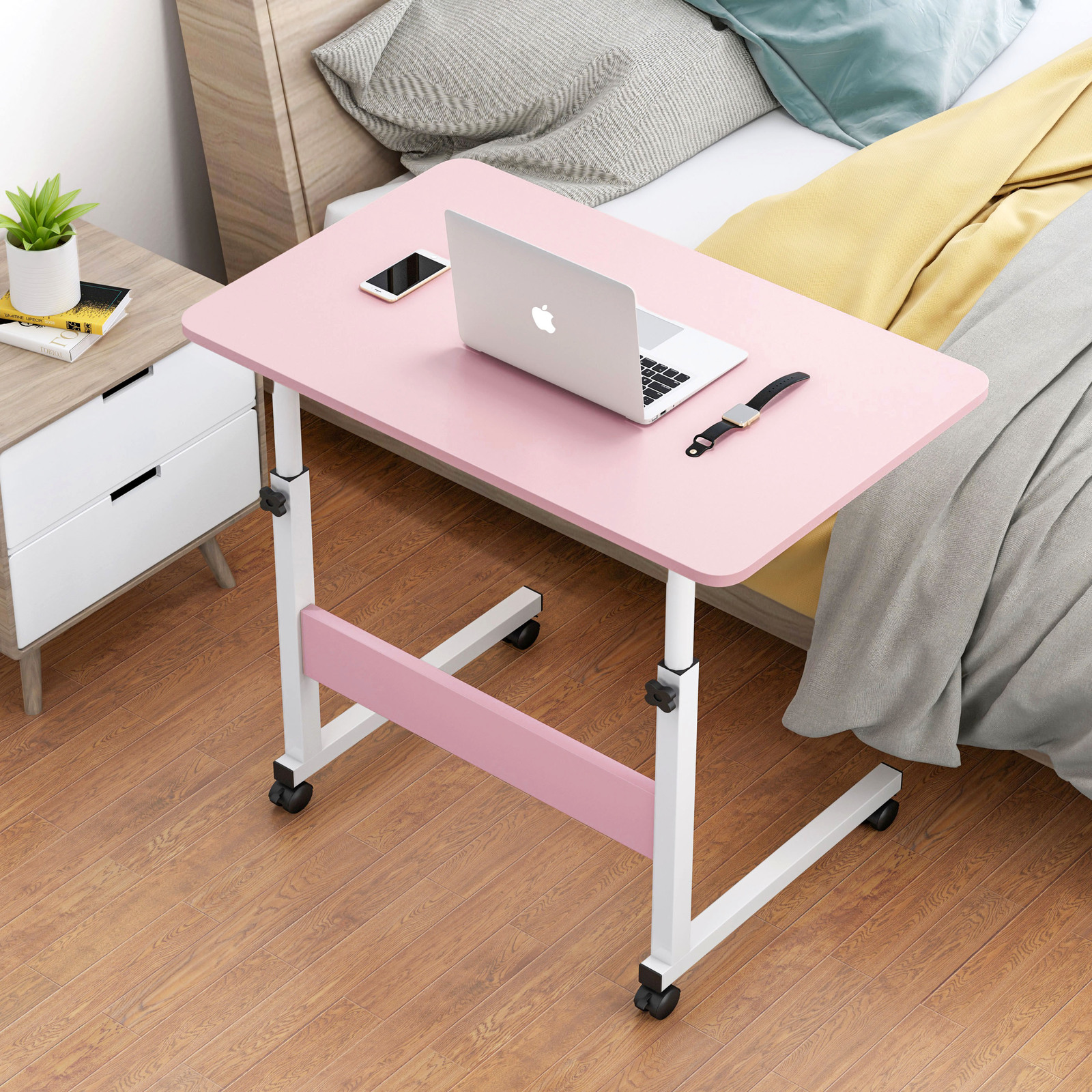 Impact Adjustable Portable Sofa Bed Side Table Laptop Desk with Wheels (Pink)