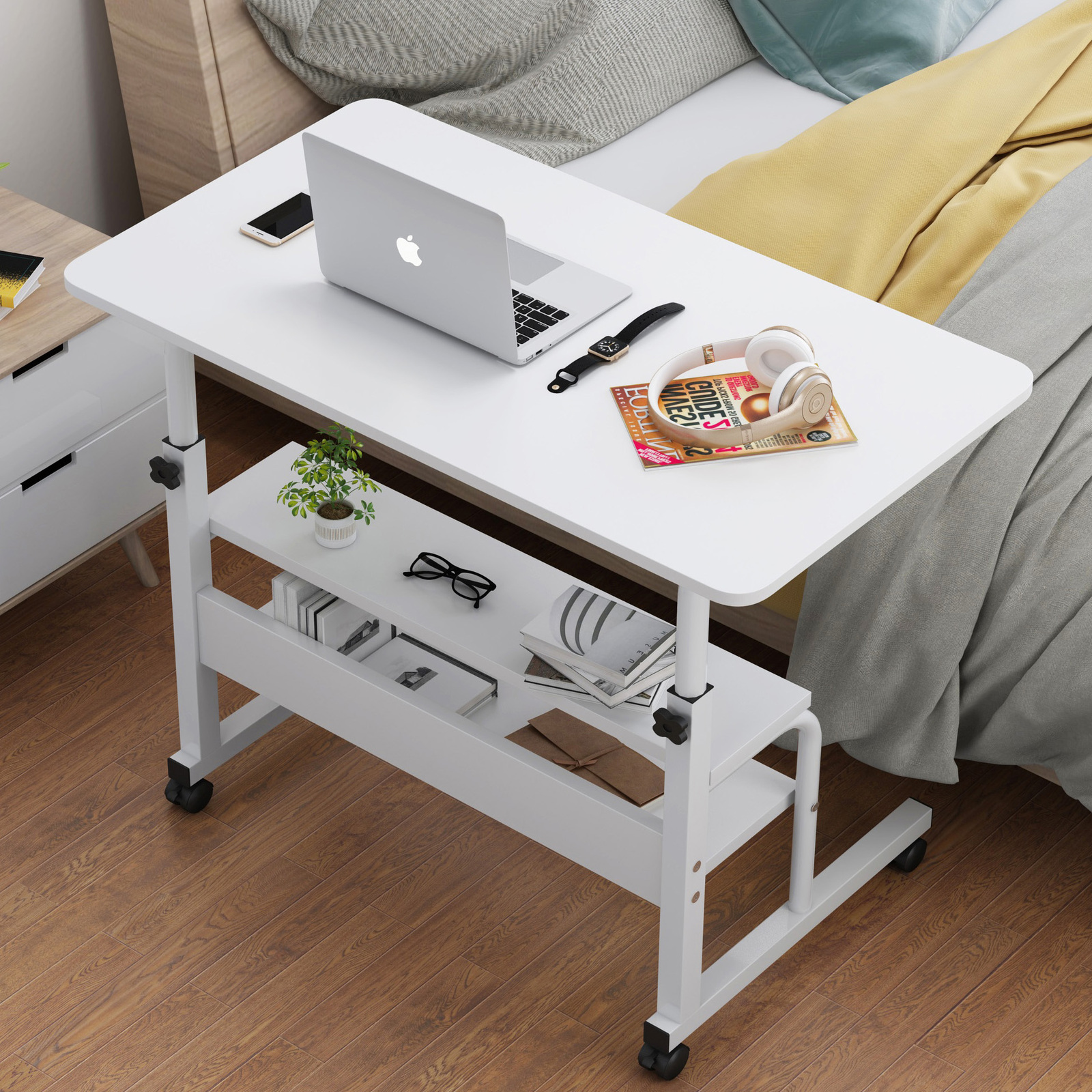 Calibre 2-tier Sofa Bed Side Table Laptop Desk with Shelves and Wheels (White)