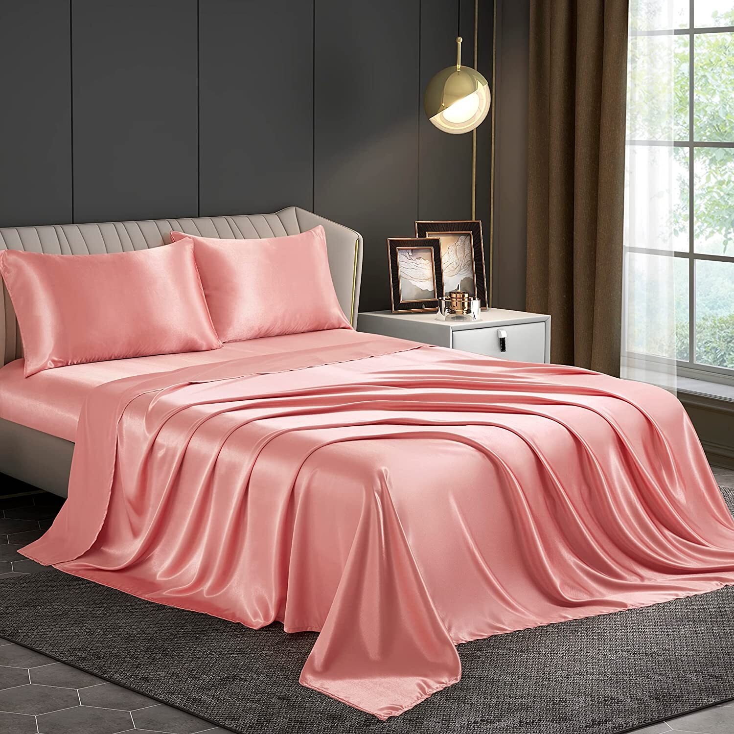 Luxury 4-Piece Silky Satin Flat Fitted Sheets Pillowcase Bed Set (Rose Gold, King)