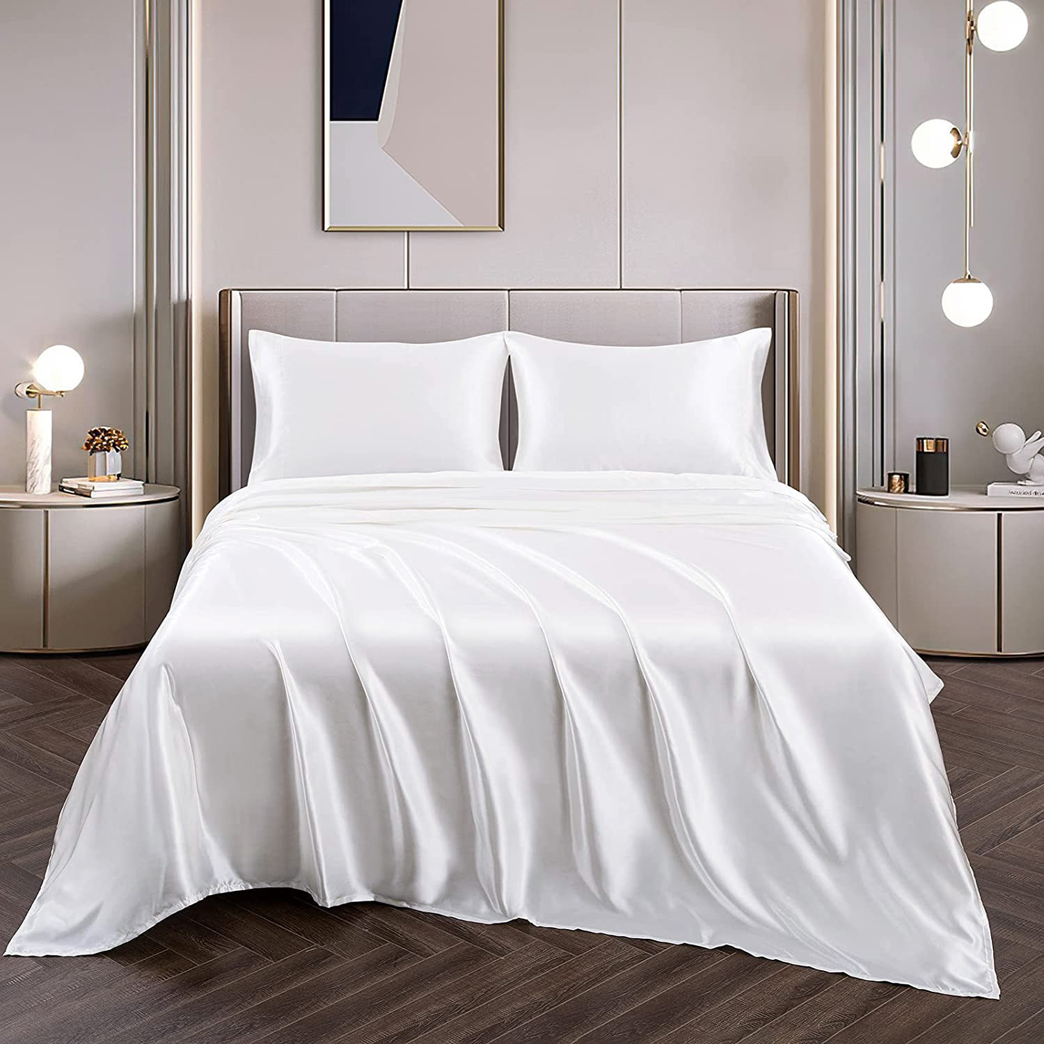 Luxury 4-Piece Silky Satin Flat Fitted Sheets Pillowcase Bed Set (White, Queen)