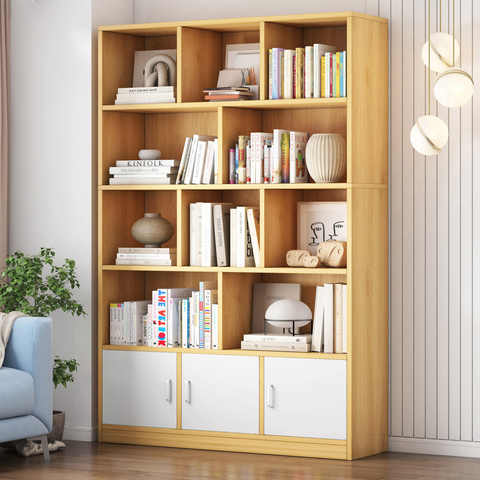 Alpha 10-Shelf 3-Door Wardrobe Cupboard Bookshelf Cabinet (Oak)