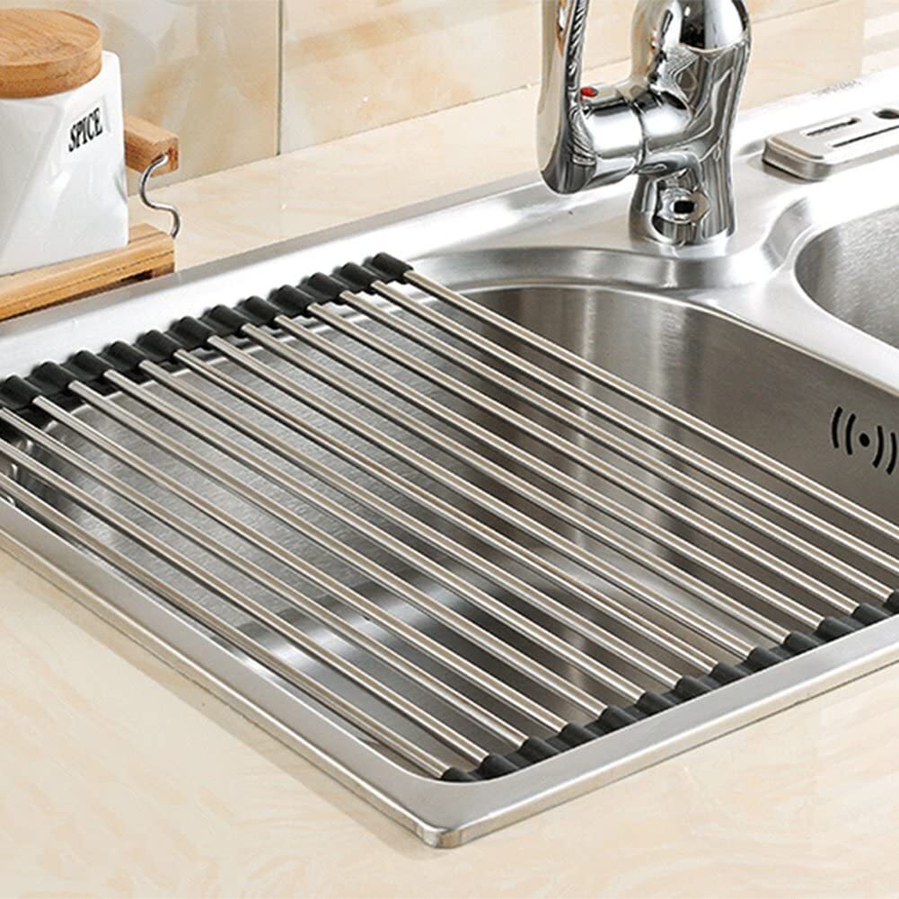 Multi-Use Stainless Steel Roll Up Dish Drying Kitchen Over Sink Rack