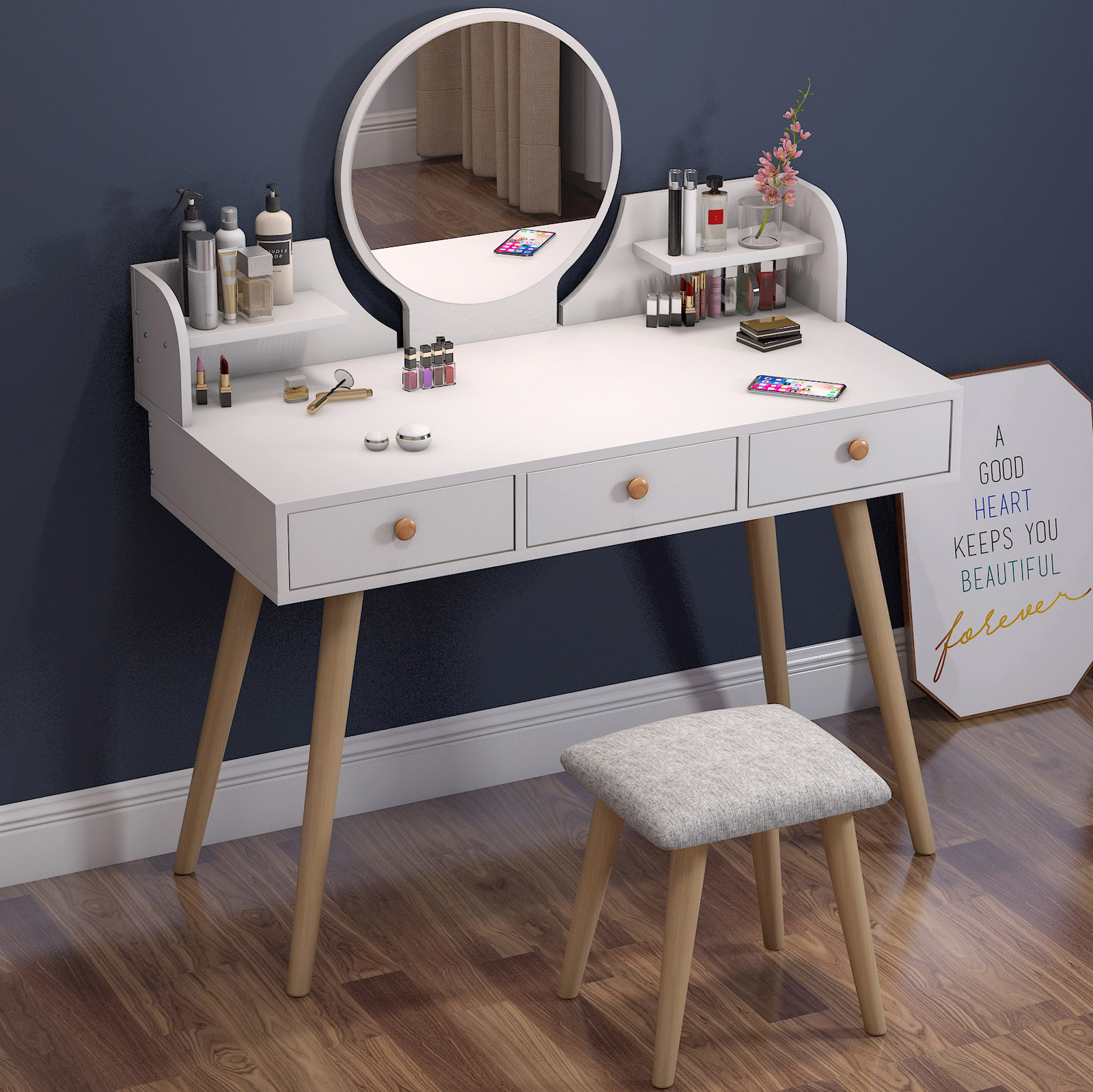Queen Large Dresser Vanity Table with Mirror, Stool and Storage Drawers Set (White)