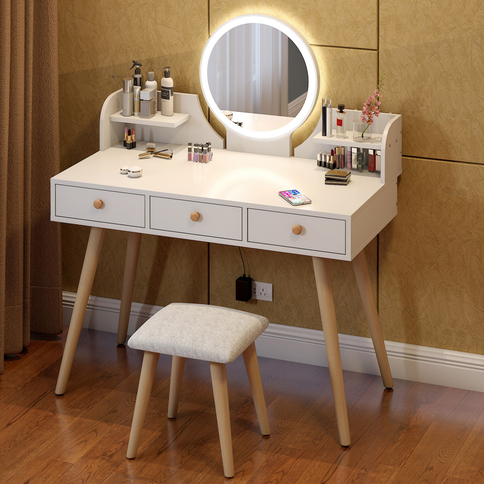 LED Luminous Queen Large Dresser Vanity Table with Mirror, Stool and Storage Drawers Set