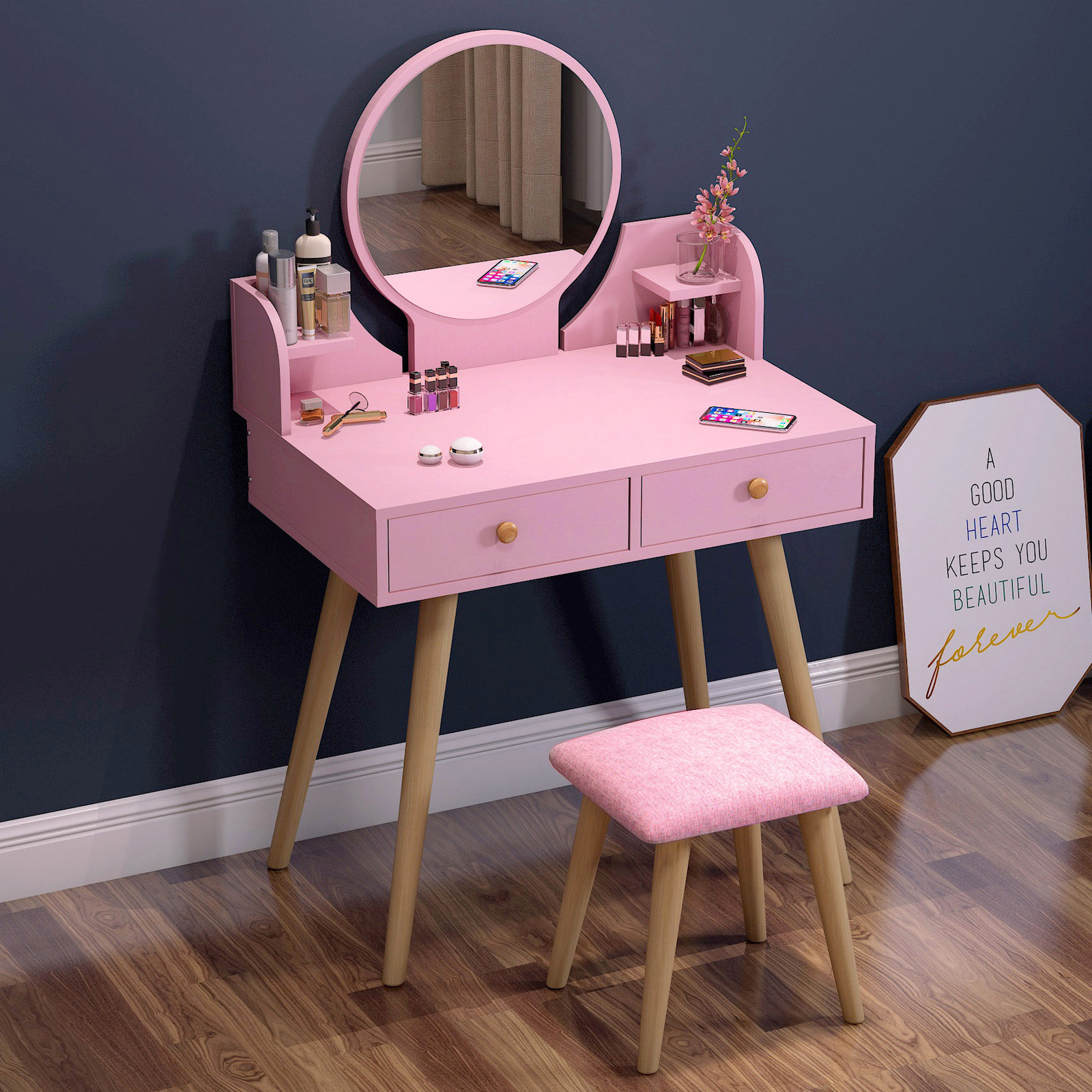 Princess Dresser Vanity Table with Mirror, Stool and Storage Drawers Set (Pink)