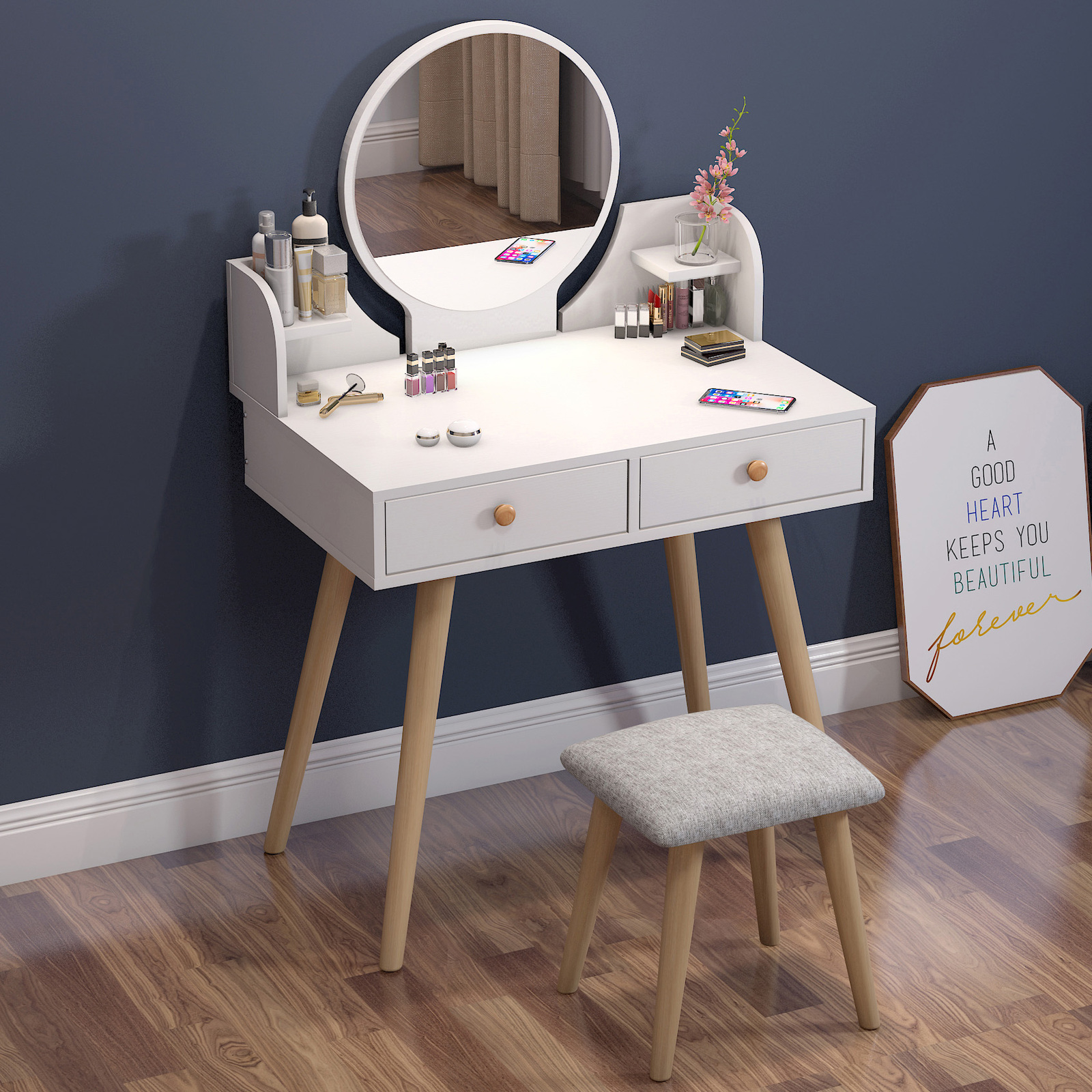 VASAGLE Dressing Table Set with Mirror and Light Bulbs for Makeup for Bedroom Cushioned Stool and 2 Large Sliding Drawers White RDT011W03 