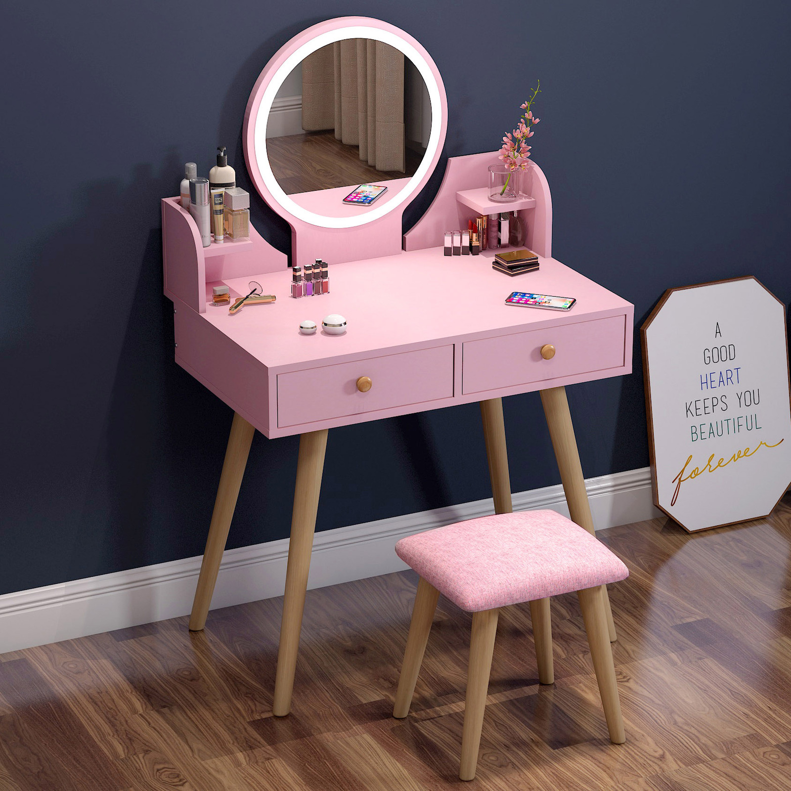 LED Luminous Princess Dresser Vanity Table with Mirror, Stool and Storage Drawers Set (Pink)