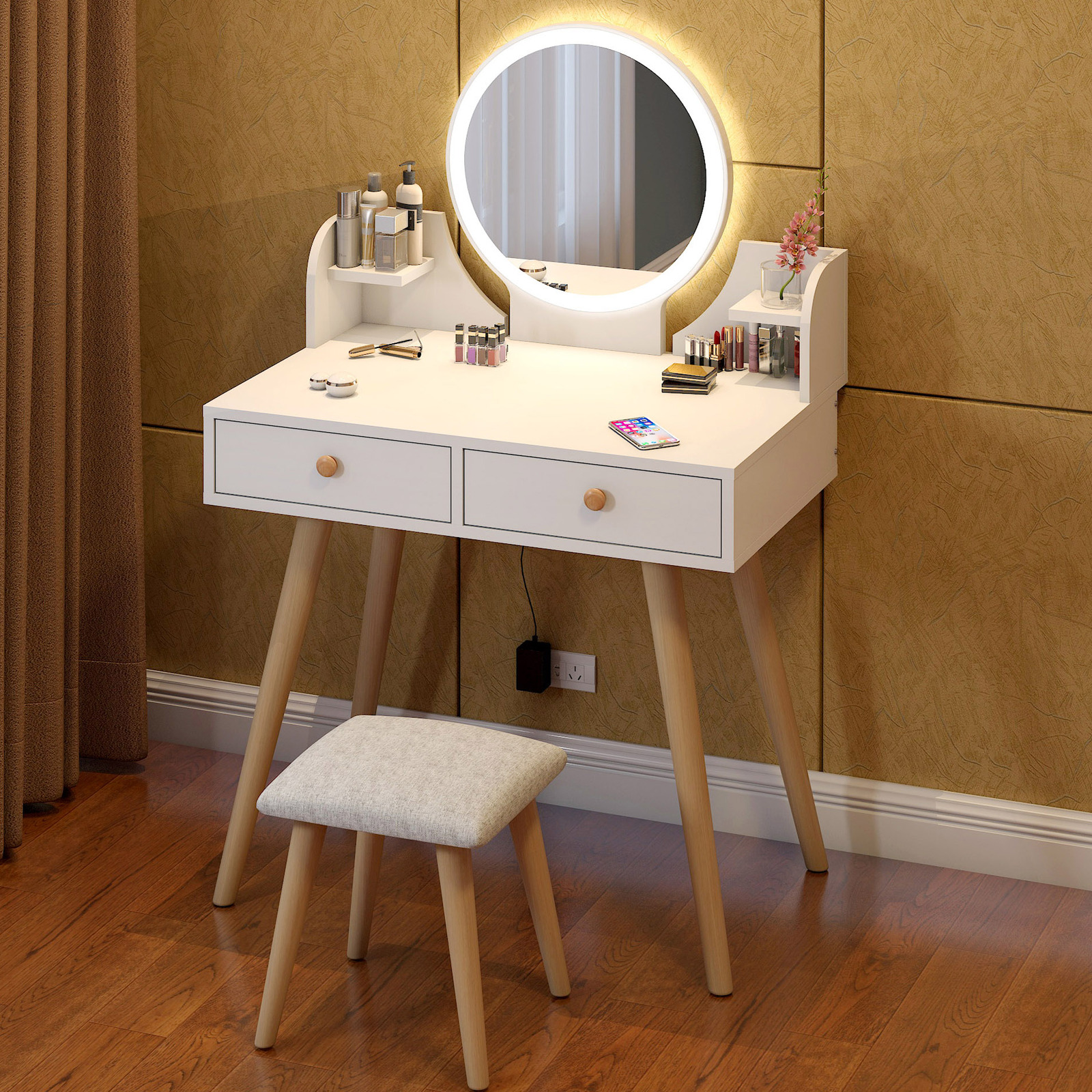 LED Luminous Princess Dresser Vanity Table with Mirror, Stool and Storage Drawers Set