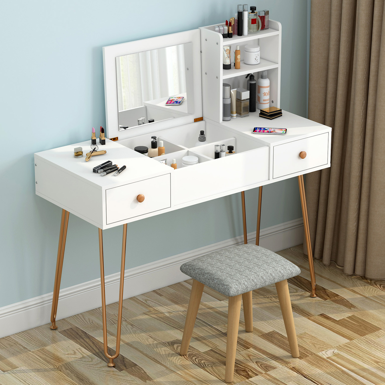 Empress Large Dresser Vanity Table with Mirror, Stool and Storage Shelves Set (White)