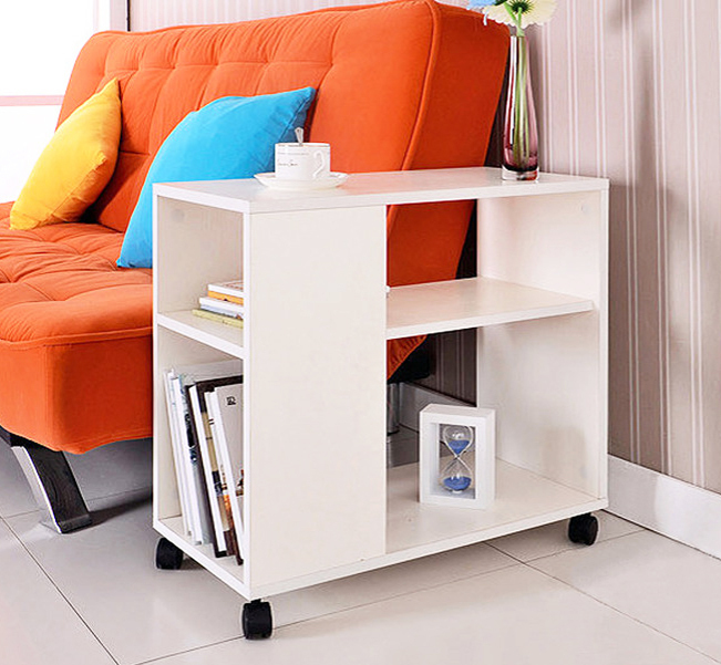 Versatile Sofa Side Table & Magazine Shelf with Casters (White)