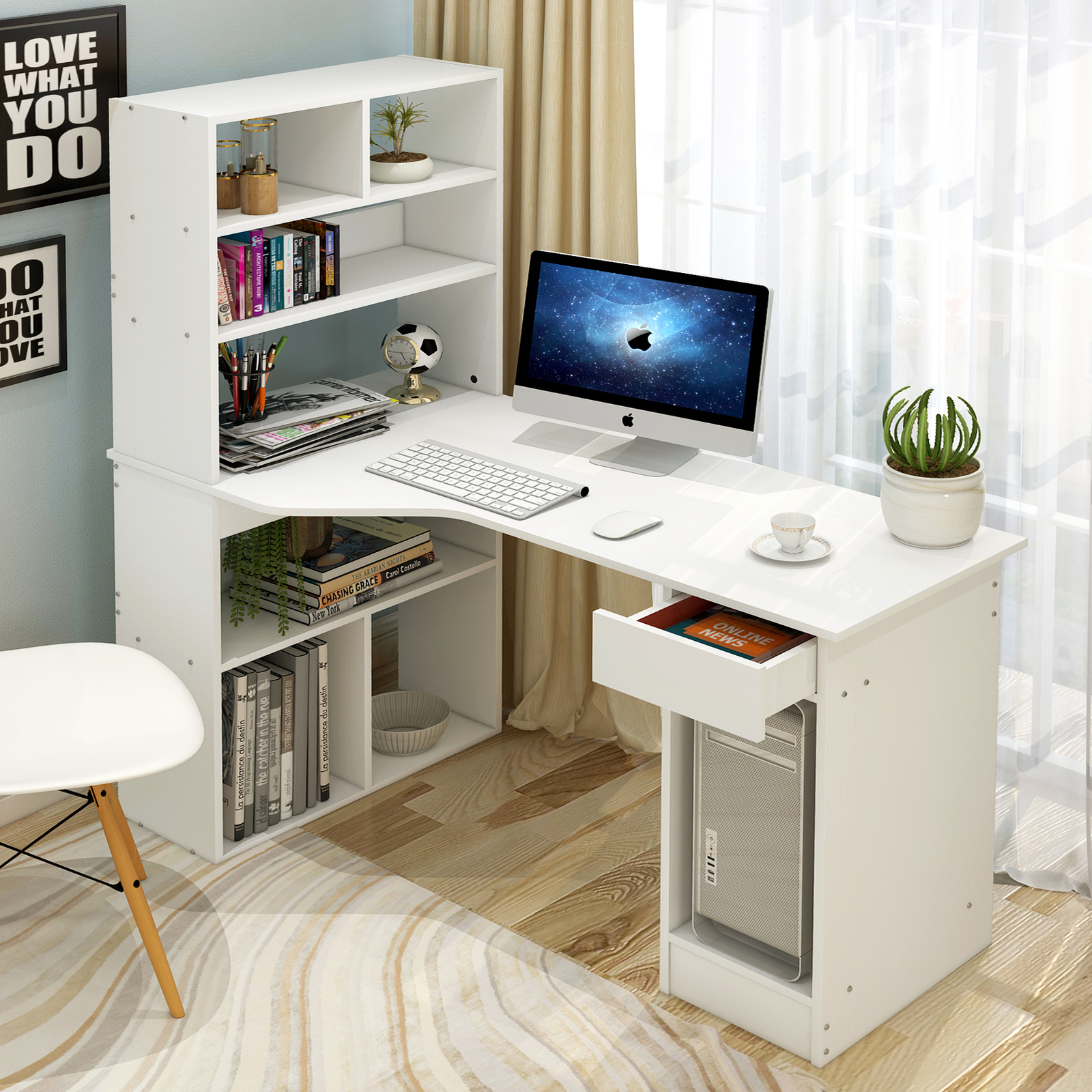 Study Desk Shelf Bedroom Book Storage Box for Living Room 2-Tier DIY Wooden Bookcase Cocoarm White Matte Finish Desk Shelf