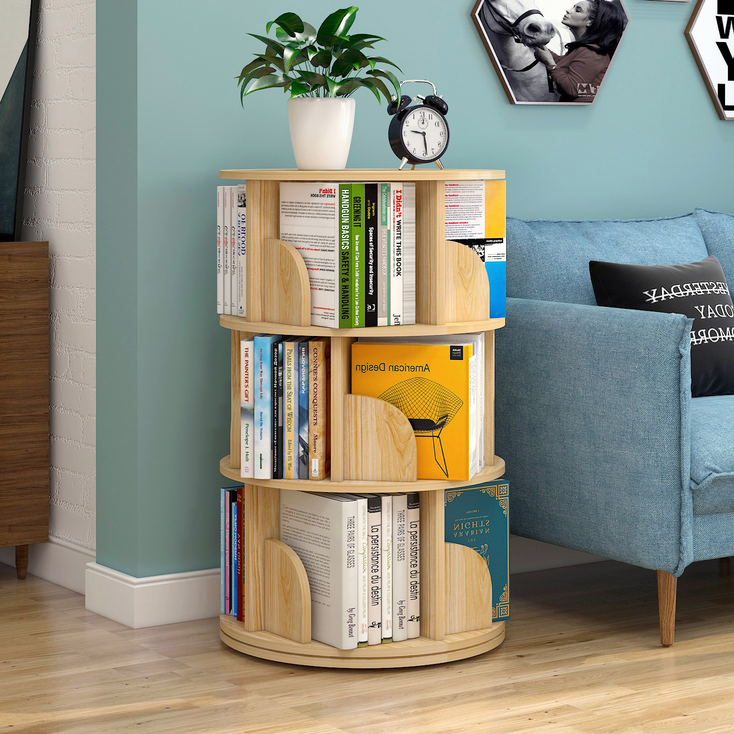 Sanctuary 360-degree Rotating 3 Tier Display Shelf Bookcase Organiser (Oak)