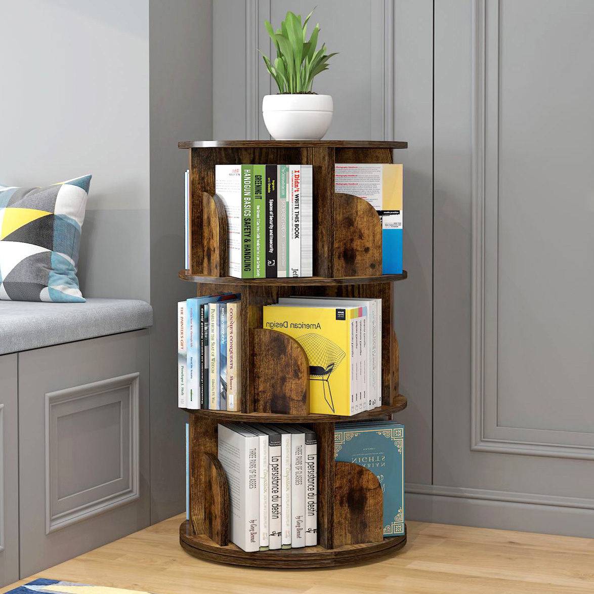 Sanctuary 360-degree Rotating 3 Tier Display Shelf Bookcase Organiser (Rustic Wood)