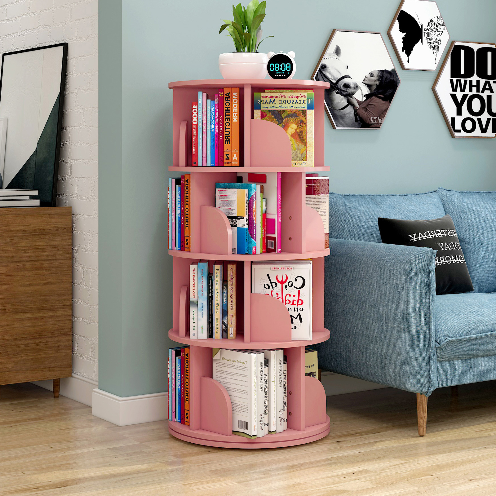 Sanctuary 360-degree Rotating 4 Tier Display Shelf Bookcase Organiser (Pink)
