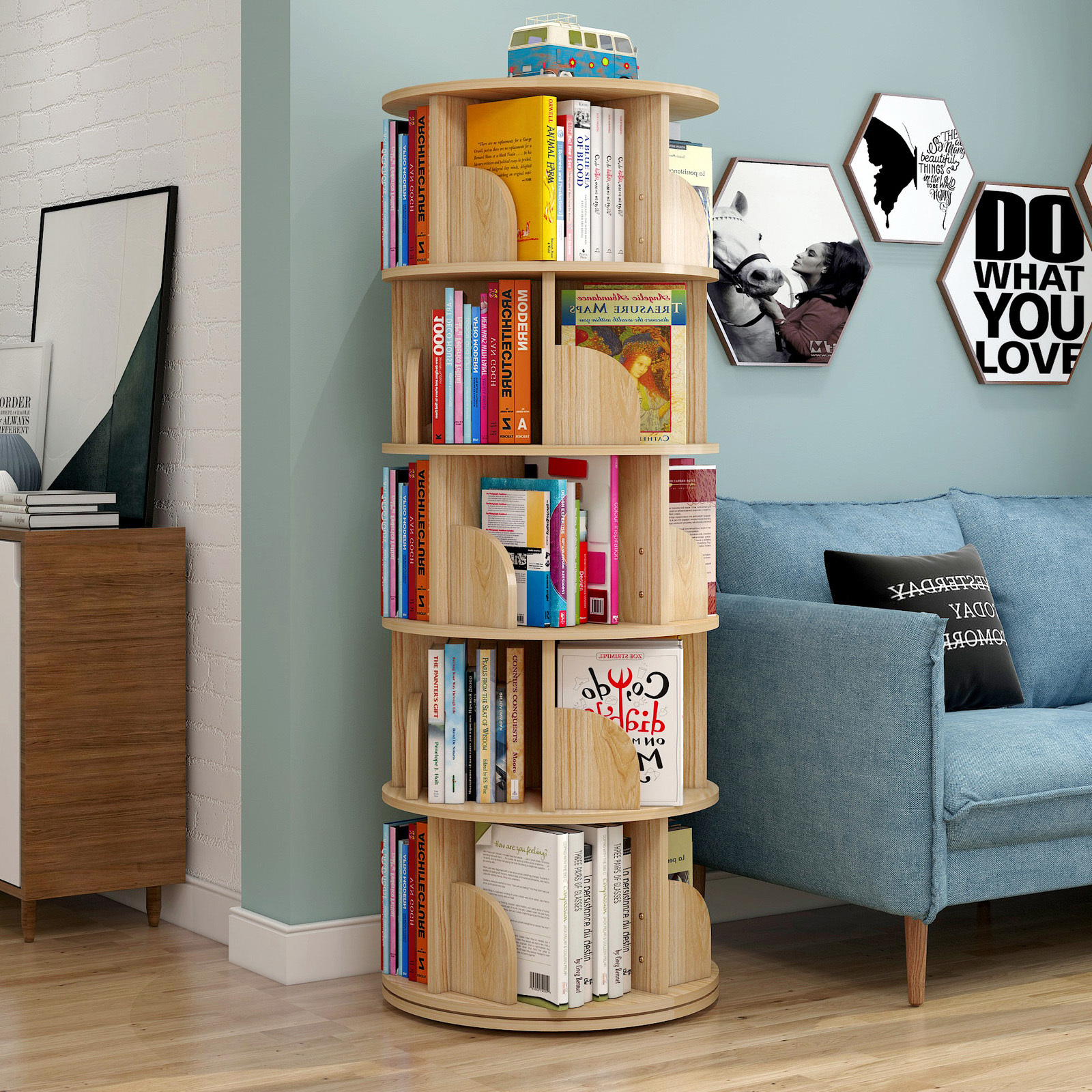 5 Tier Versatile Round Wooden Rotating Swivel Bookshelf Bookcase
