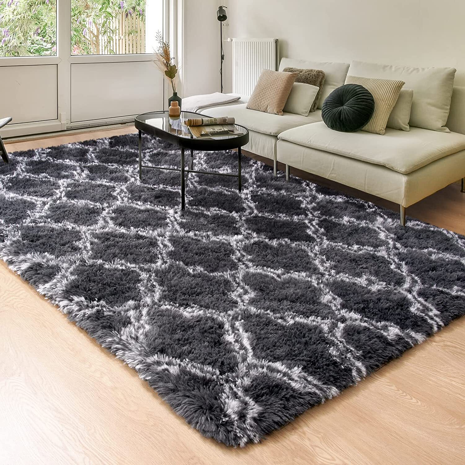 Soft Bedroom/Living Room Comfortable Shag Rug (200 x 140, Black Lattice)