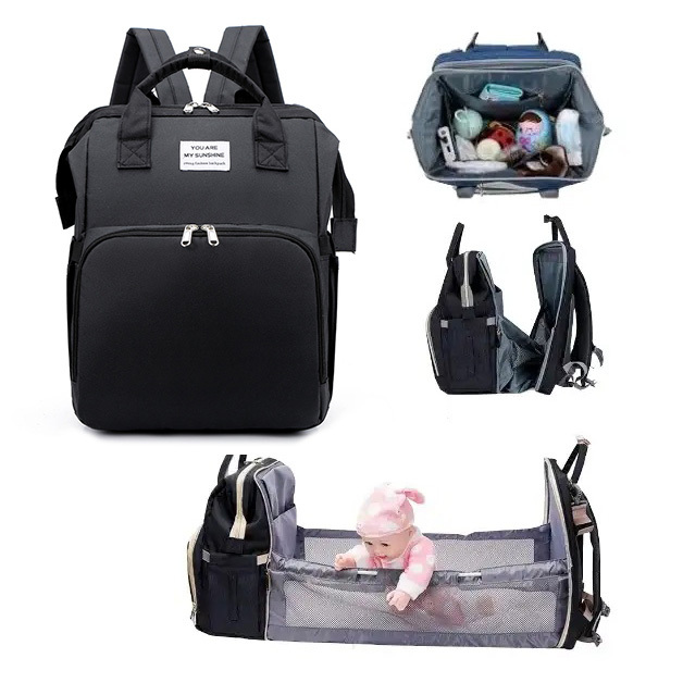 2-in-1 Nappy Bag with Baby Change Bed (Black)