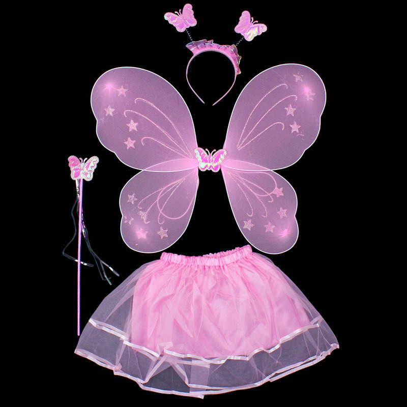 4 PCS Fairy Princess Girls Costume Set: Butterfly Wings, Headband, Wand, Tutu Skirt
