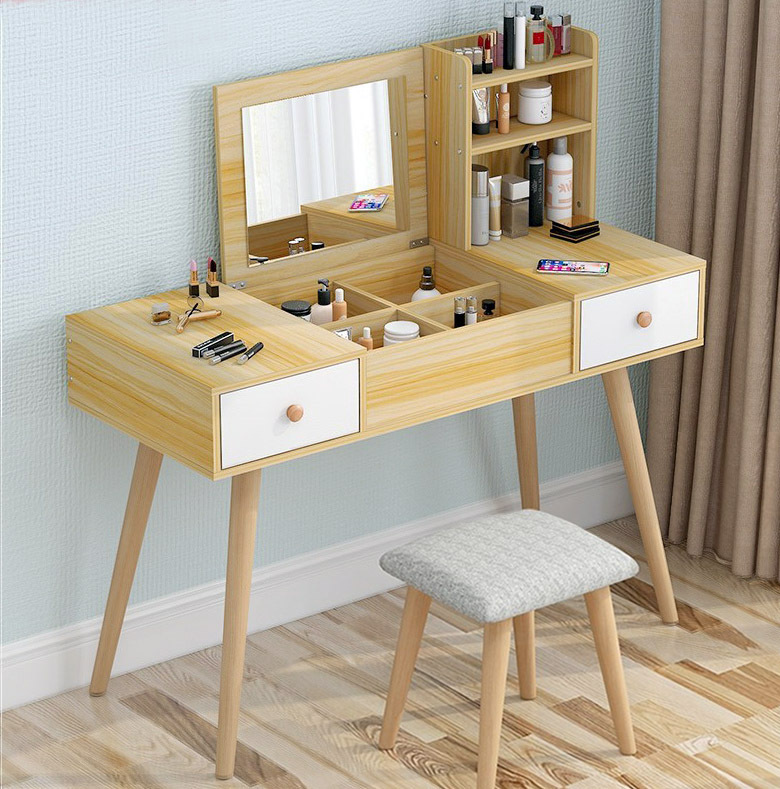 Glam Large Dresser Vanity Table with Mirror, Stool and Storage Shelves Set (Oak)