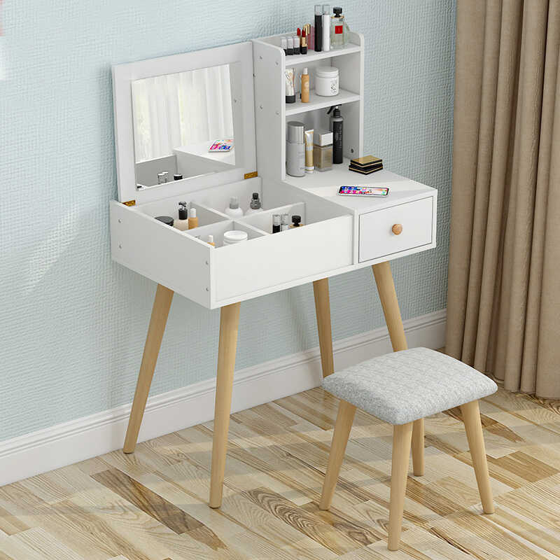 Glam Dresser Vanity Table with Mirror, Stool and Storage Shelves Set (White)