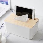 Multipurpose Tissue Box Holder Phone Stand Napkin Case Organizer with Removable Wooden Cover