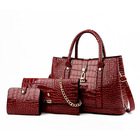 3 PCS Luxe Faux Crocodile Leather Handbag Set, Large Tote, Shoulder Bag, Purse Wallet (Red)