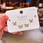 3 Pairs Crystal Butterfly Sterling Silver Stud Earrings Set 