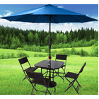 Alfresco 7 Piece Outdoor Setting (Blue Umbrella & Stand, 4 Rattan Chairs, Square Table)